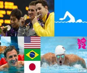 Puzzle Κολύμβηση 400 m επιμέρους medley ανδρών πόντιουμ, Ryan Lochte (Ηνωμένες Πολιτείες), Thiago Pereira (Βραζιλίας) και Kosuke Hagino (Ιαπωνία) - Λονδίνο 2012 -